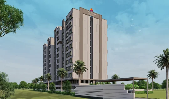 Modern residential apartment building showcasing Luxury Flats in Nanded with elegant architecture, spacious homes, landscaped surroundings, and premium living by GVC Group.